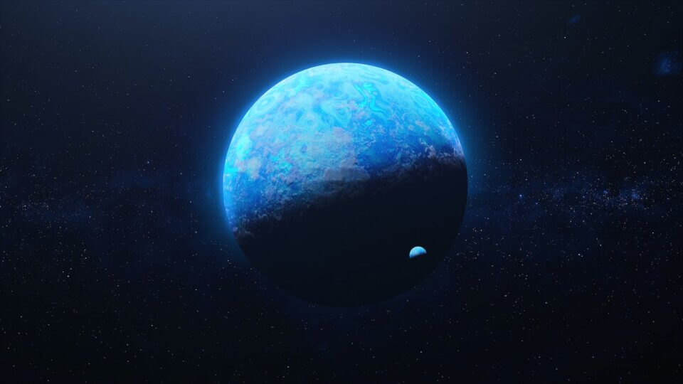 an artist's rendering of a blue planet in space